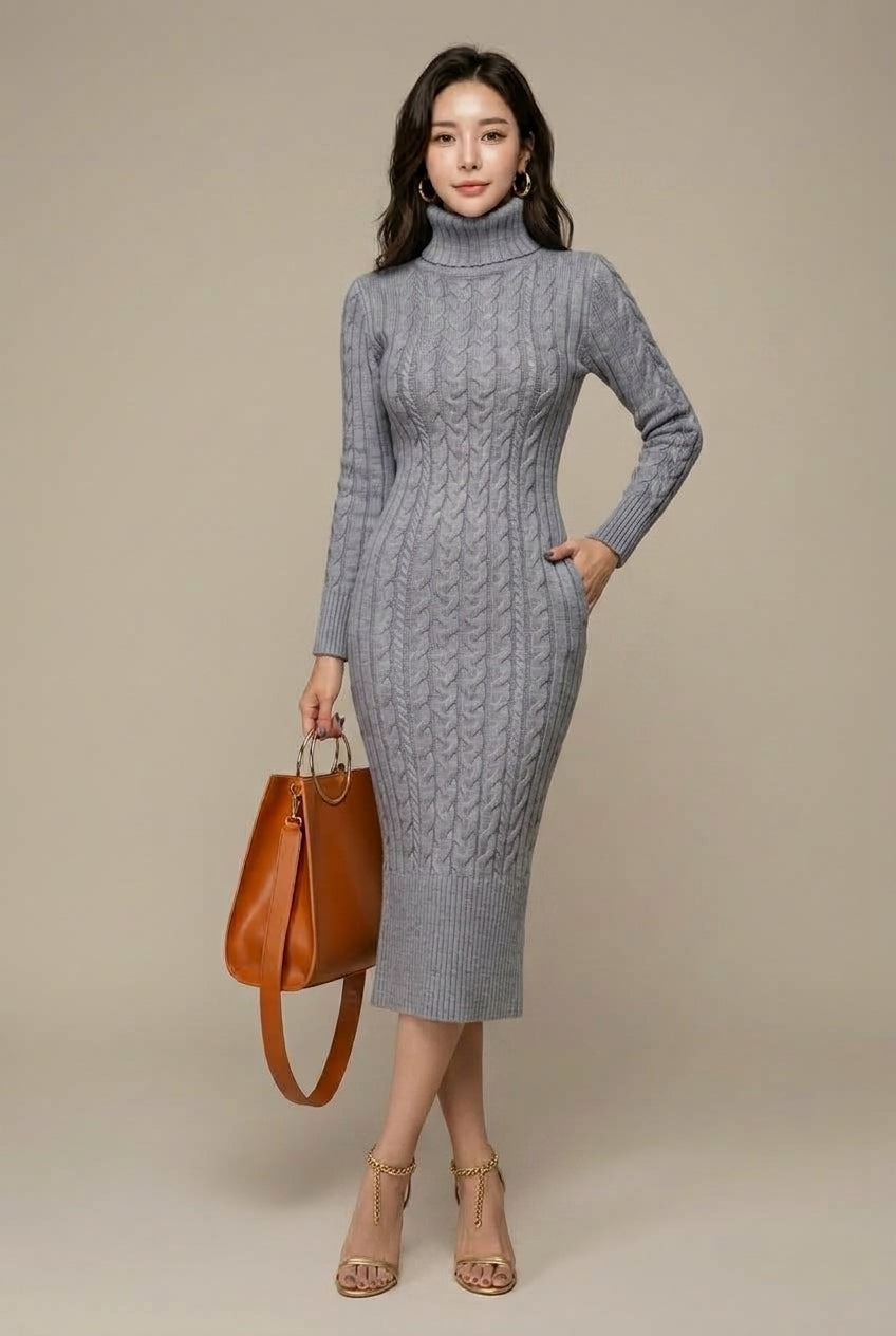 Women's Cable Knit Turtleneck Midi Dress with Long Sleeves - Grey