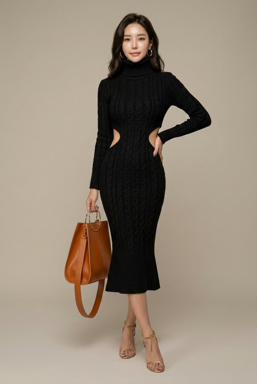 Women's Cable Knit Turtleneck Midi Dress with Long Sleeves - Black