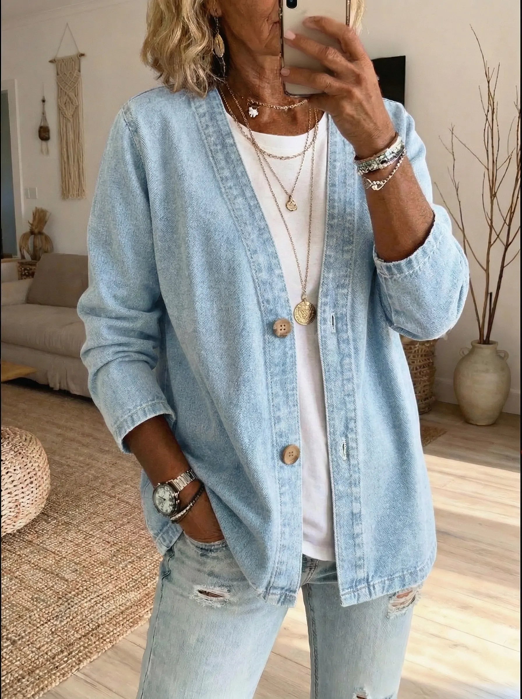 Minnie - Women's Cardigan with Button-Front Denim - photo 2