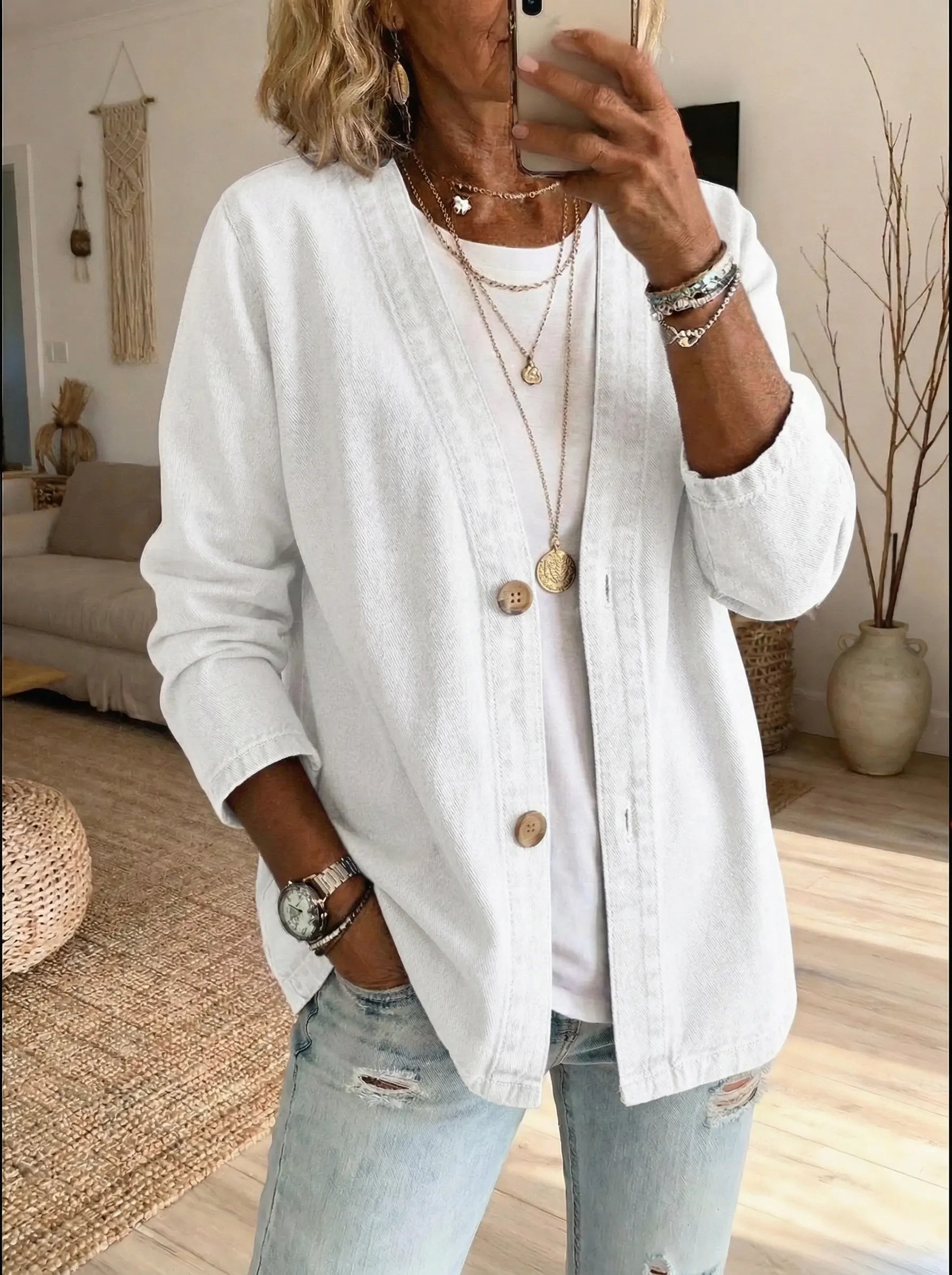 Minnie - Women's Cardigan with Button-Front Denim - photo 4