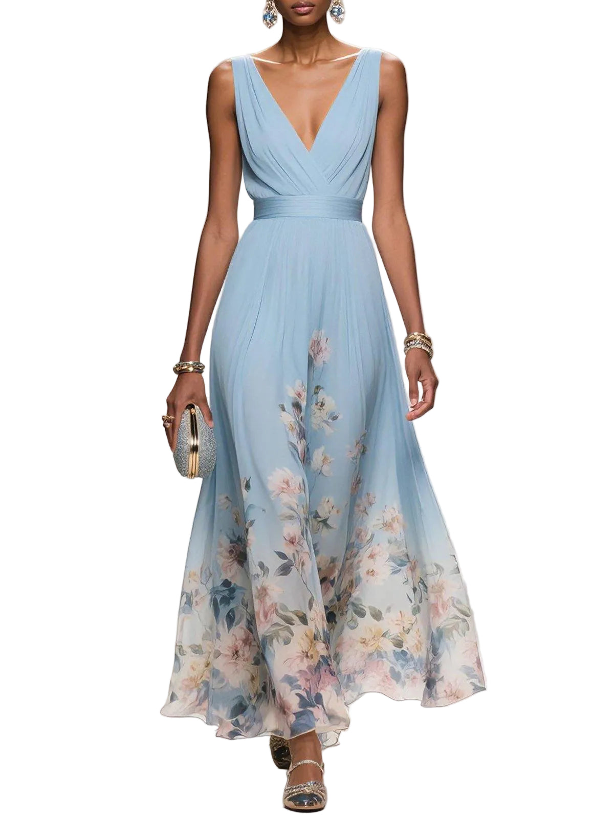 Women's Chiffon Ruched Wrap V-Neck Sleeveless Wide Strap Fitted Waistband Floral Border Hem Placement Print Full A-Line Maxi Dress - photo 1
