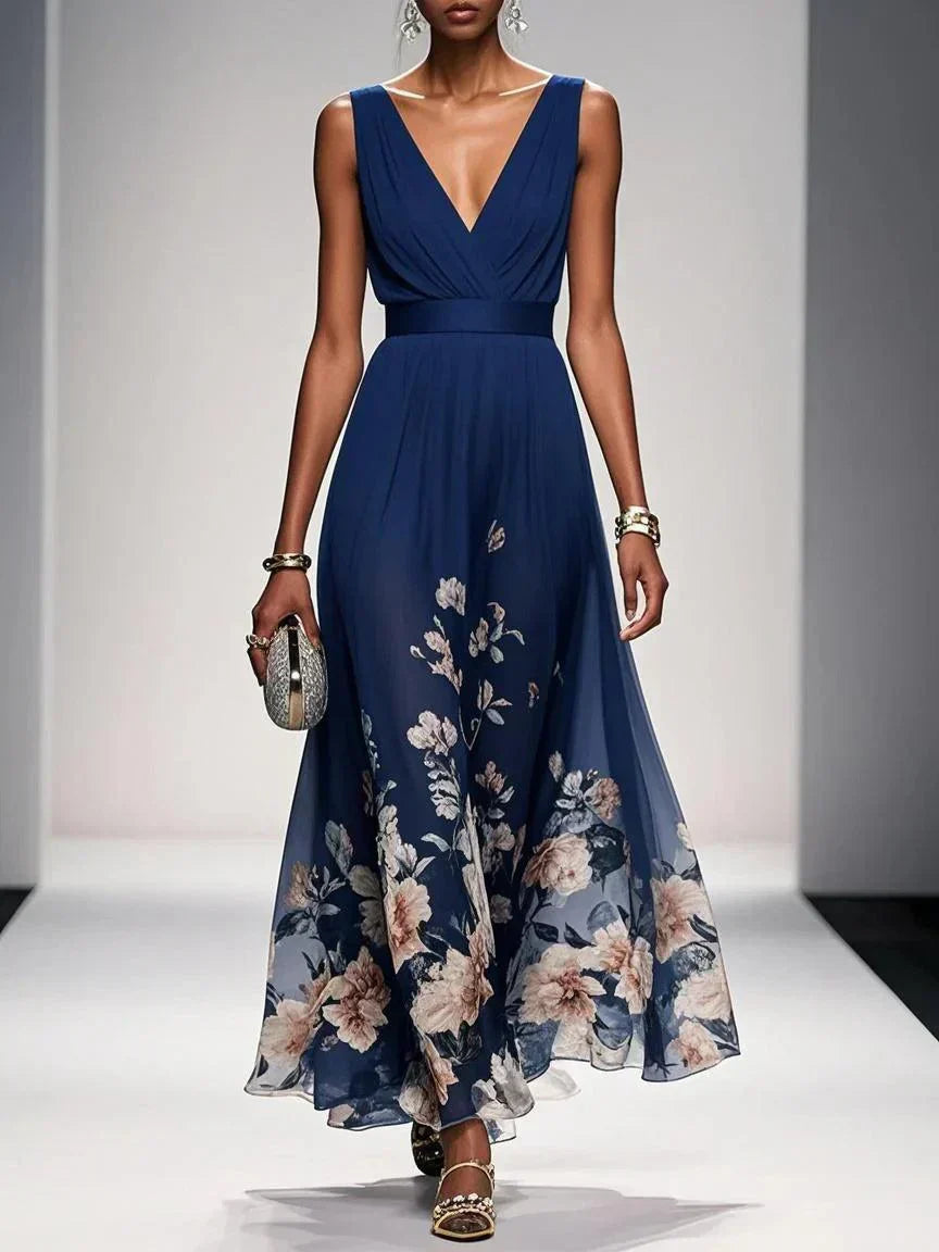 Women's Chiffon Ruched Wrap V-Neck Sleeveless Wide Strap Fitted Waistband Floral Border Hem Placement Print Full A-Line Maxi Dress - photo 2