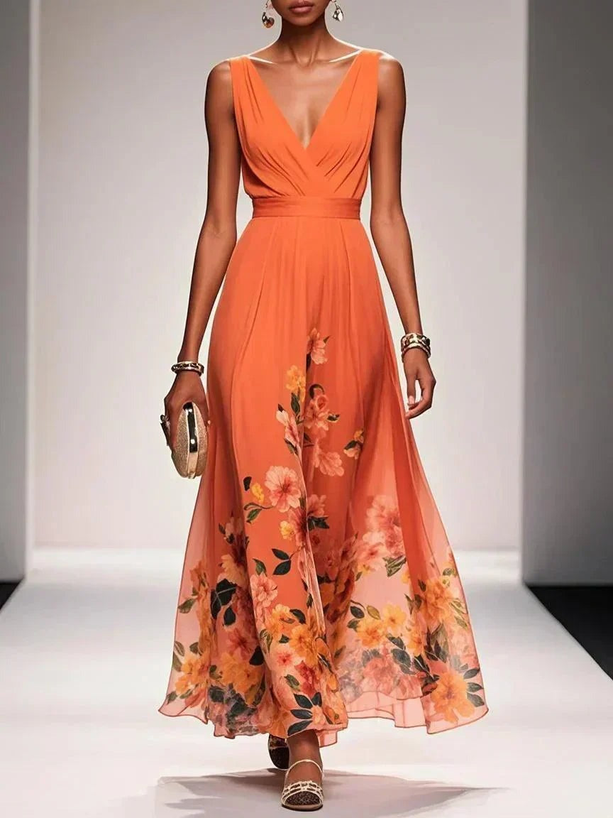 Women's Chiffon Ruched Wrap V-Neck Sleeveless Wide Strap Fitted Waistband Floral Border Hem Placement Print Full A-Line Maxi Dress - photo 7