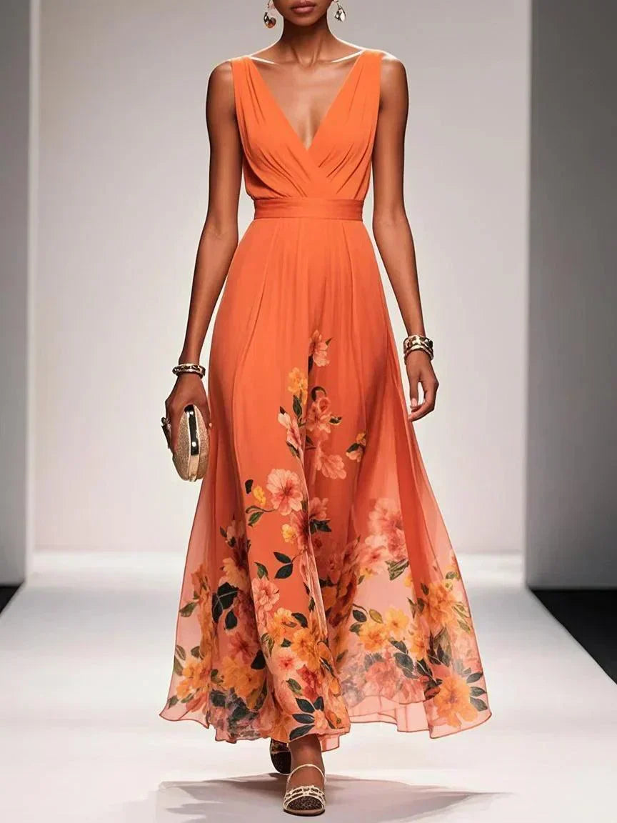 Rochie maxi de damă din șifon, evazată, cu decolteu în V petrecut, încrețită, fără mâneci, cu bretele late, talie ajustată și imprimeu floral pe bordura tivului