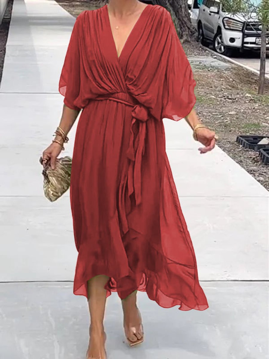 Women's Chiffon V-Neck Belted Midi Cocktail Party Dress
