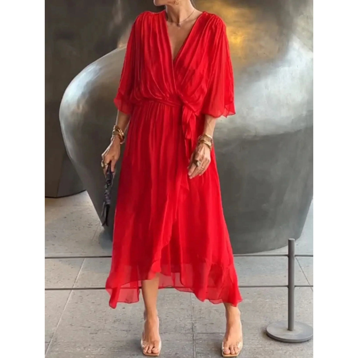 Women's Chiffon Wrap Midi Dress with Batwing Sleeves and Tie Waist – view 2