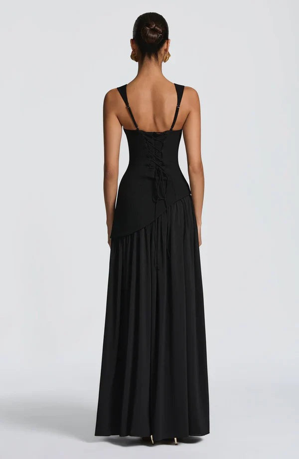 Women's Maxi dress crew neck straight neckline asymmetric waist lace-up back