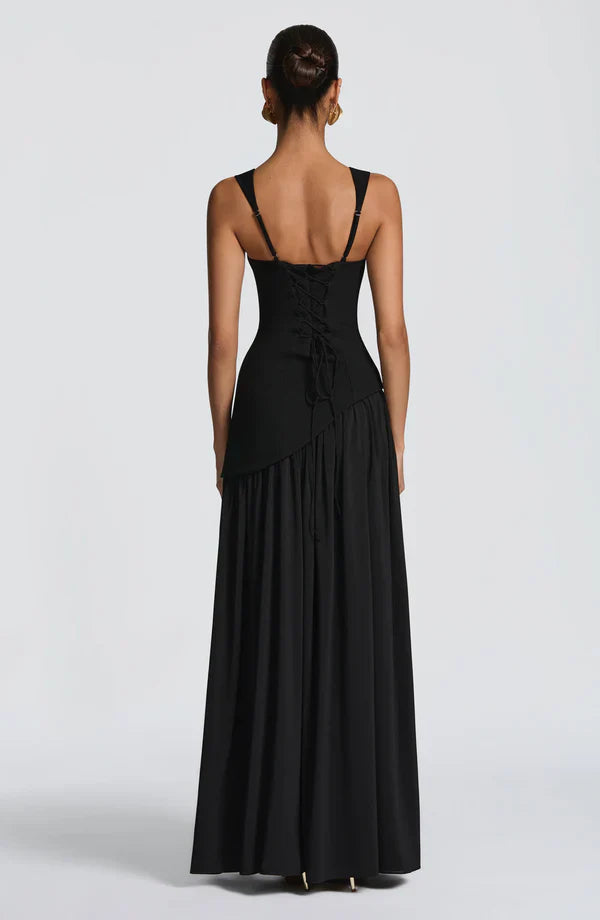 Women's Maxi dress crew neck straight neckline asymmetric waist lace-up back