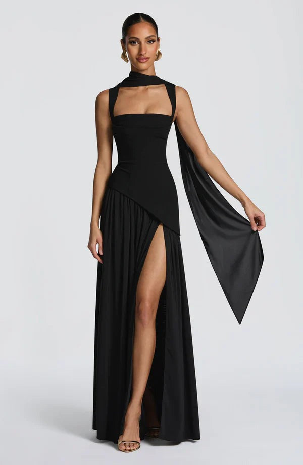 Women's Maxi dress crew neck straight neckline asymmetric waist lace-up back