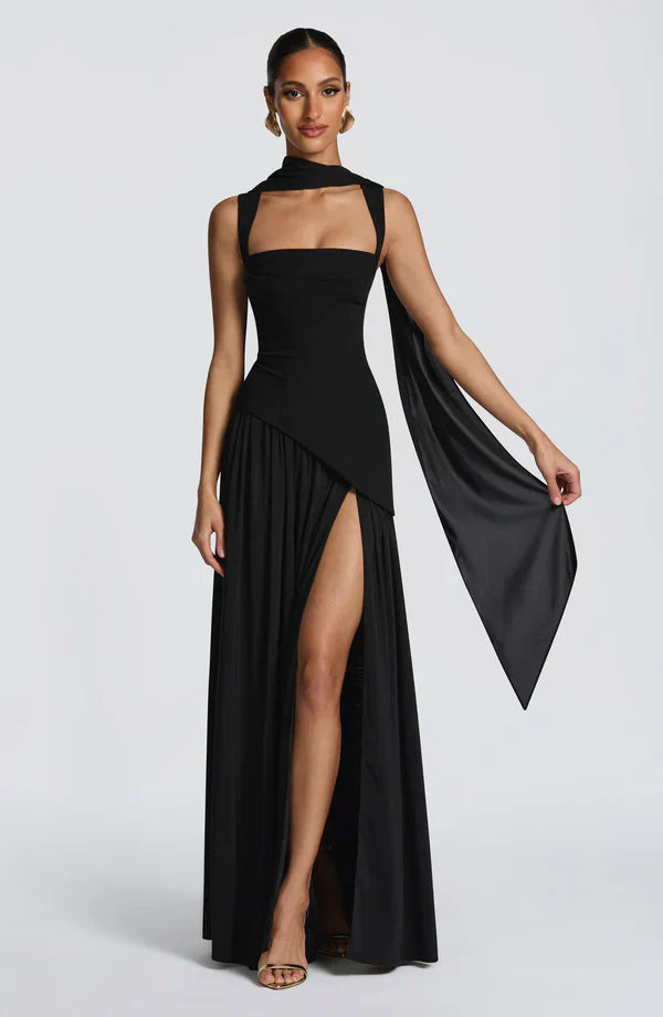Women's Maxi dress crew neck straight neckline asymmetric waist lace-up back