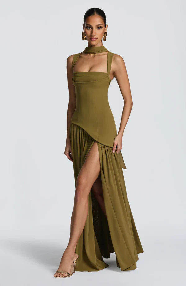 Women's Maxi dress crew neck straight neckline asymmetric waist lace-up back