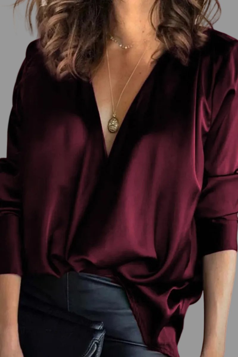 Women's Deep V-Neck Satin Blouse with Draped Long Sleeves - photo 2
