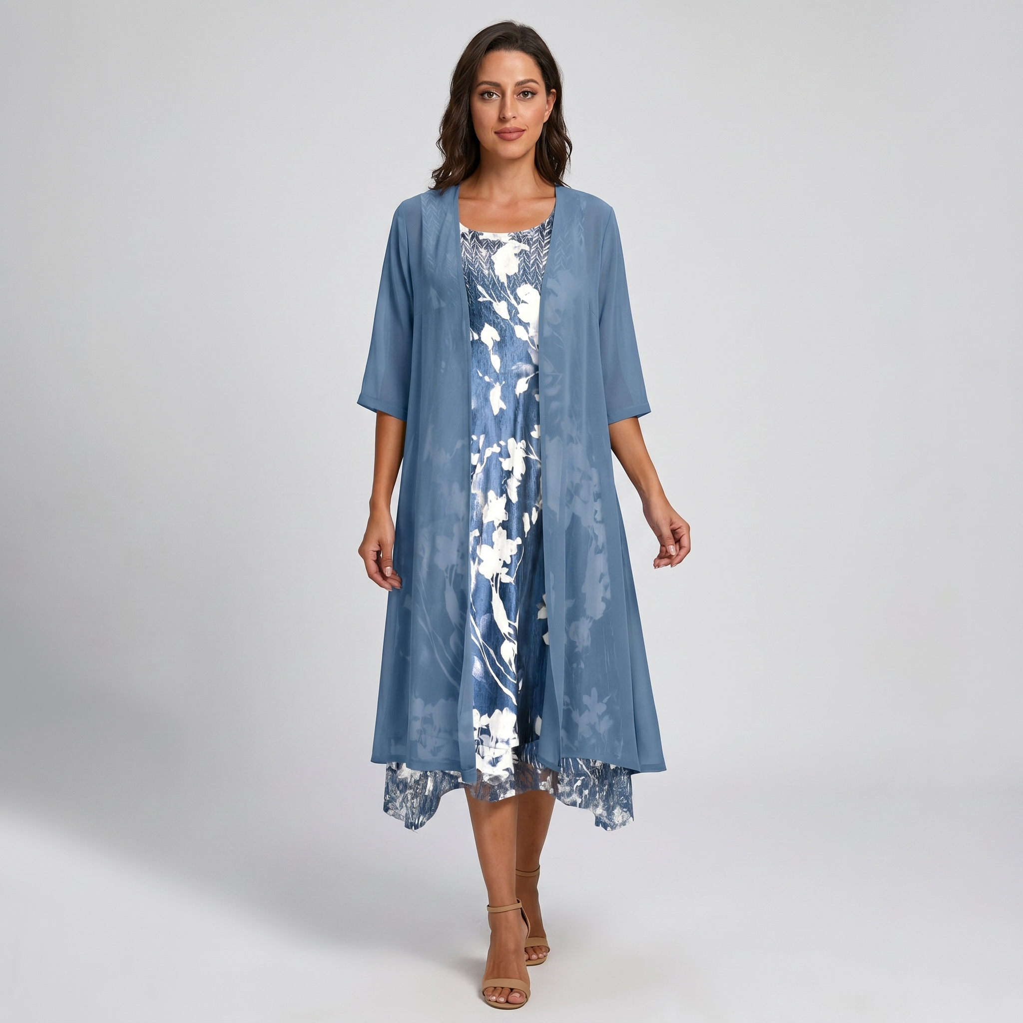 Rochie midi florală de damă, cu straturi, și cardigan transparent tip duster