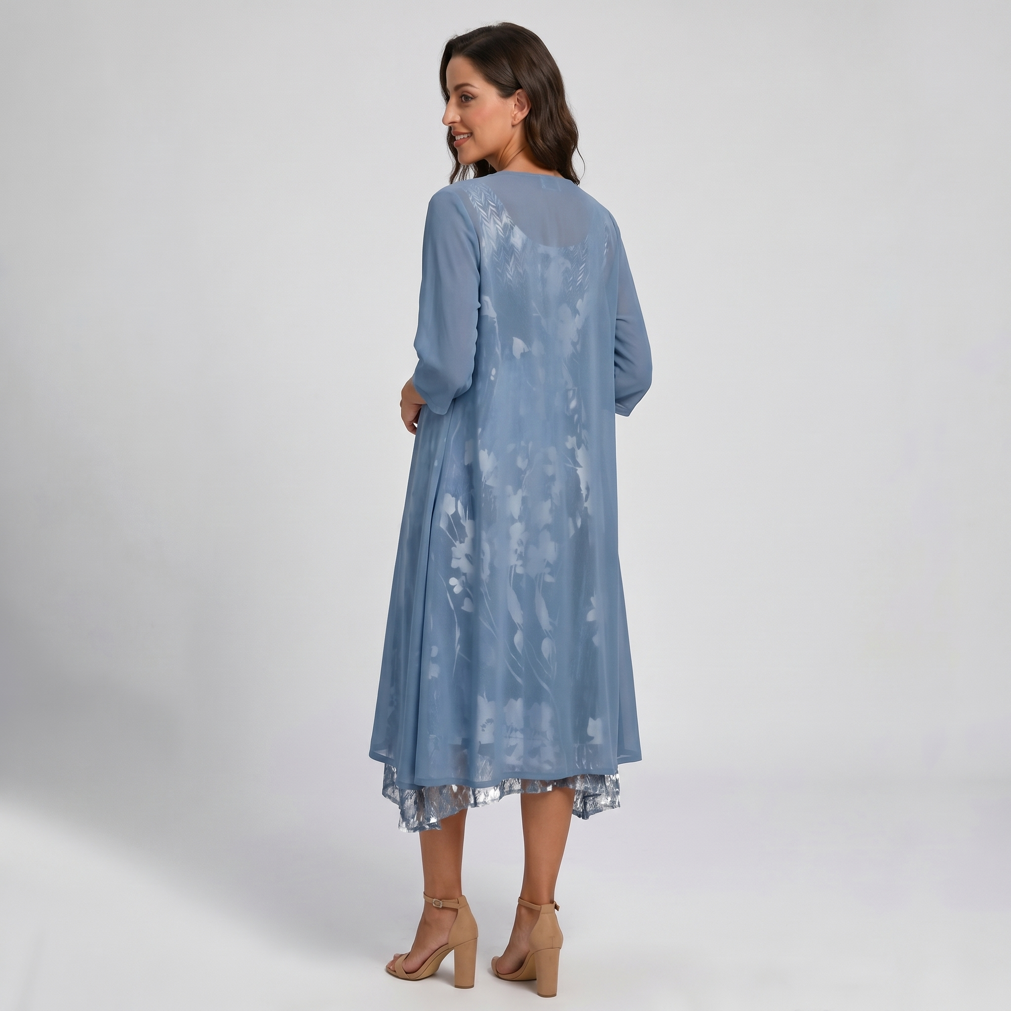 Rochie midi florală de damă, cu straturi, și cardigan transparent tip duster