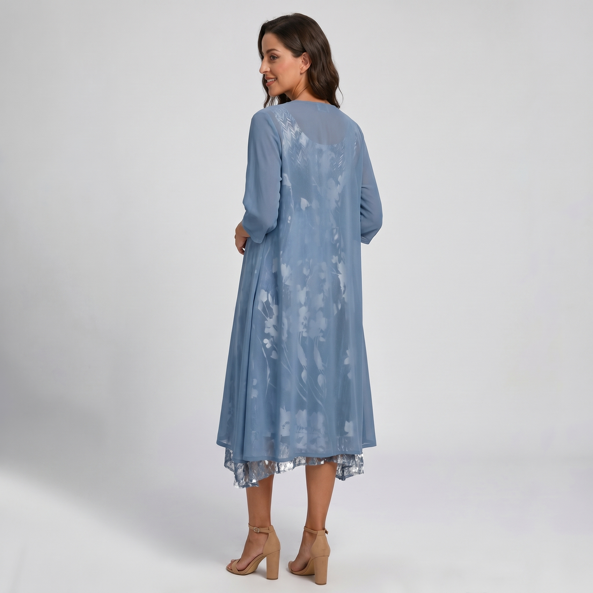 Women's Layered Floral Midi Dress with Sheer Duster Cardigan - photo 4