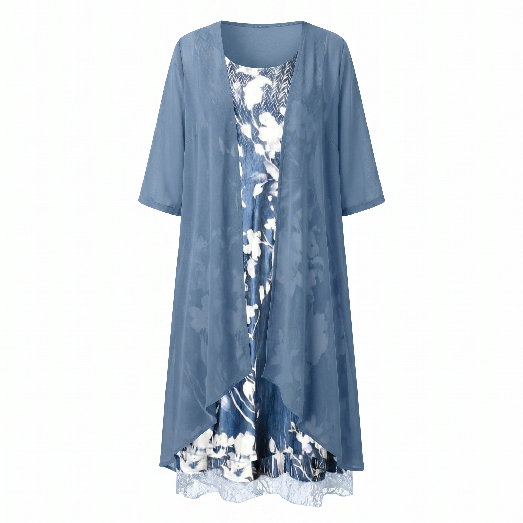 Rochie midi florală de damă, cu straturi, și cardigan transparent tip duster
