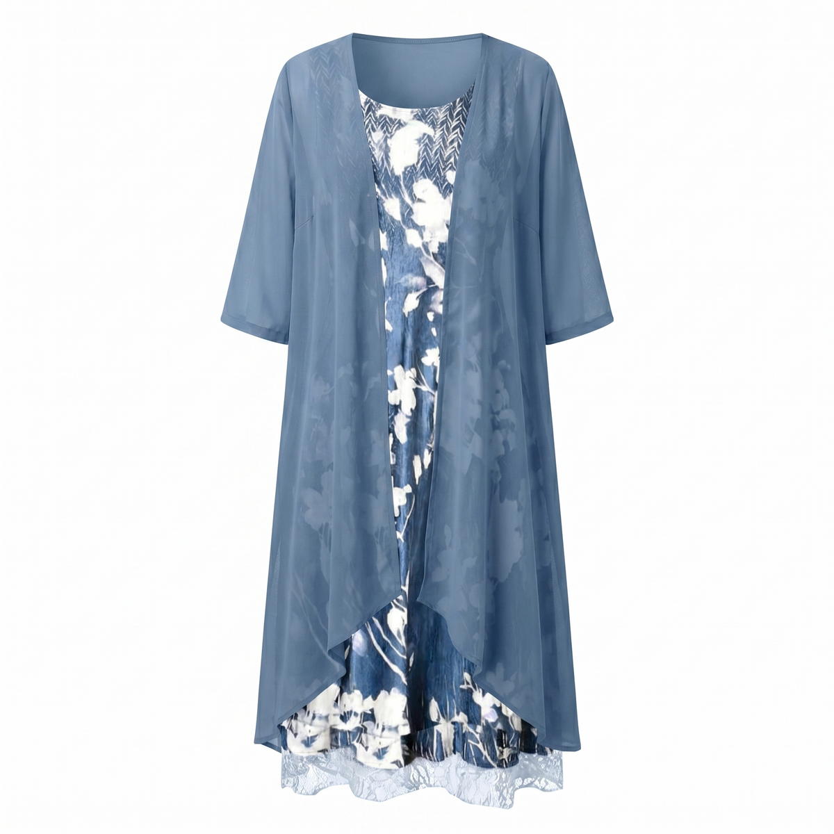 Women's Layered Floral Midi Dress with Sheer Duster Cardigan - photo 6