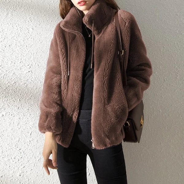 Women's Teddy Fleece Zip-Up Jacket with Drawstring Hood - Brown