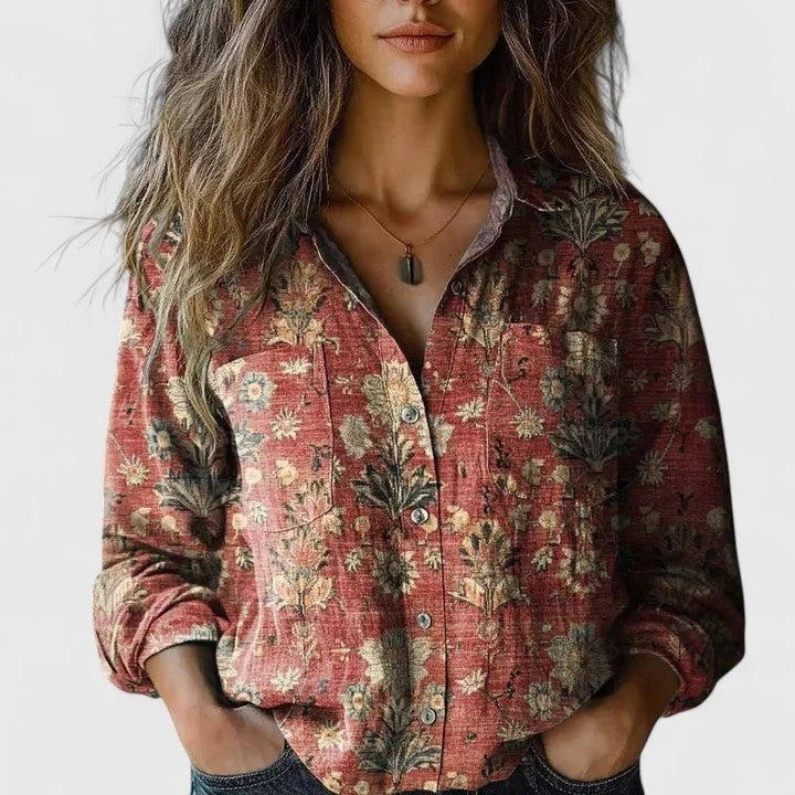 Coral - Women's Floral Shirt with Chest Pockets