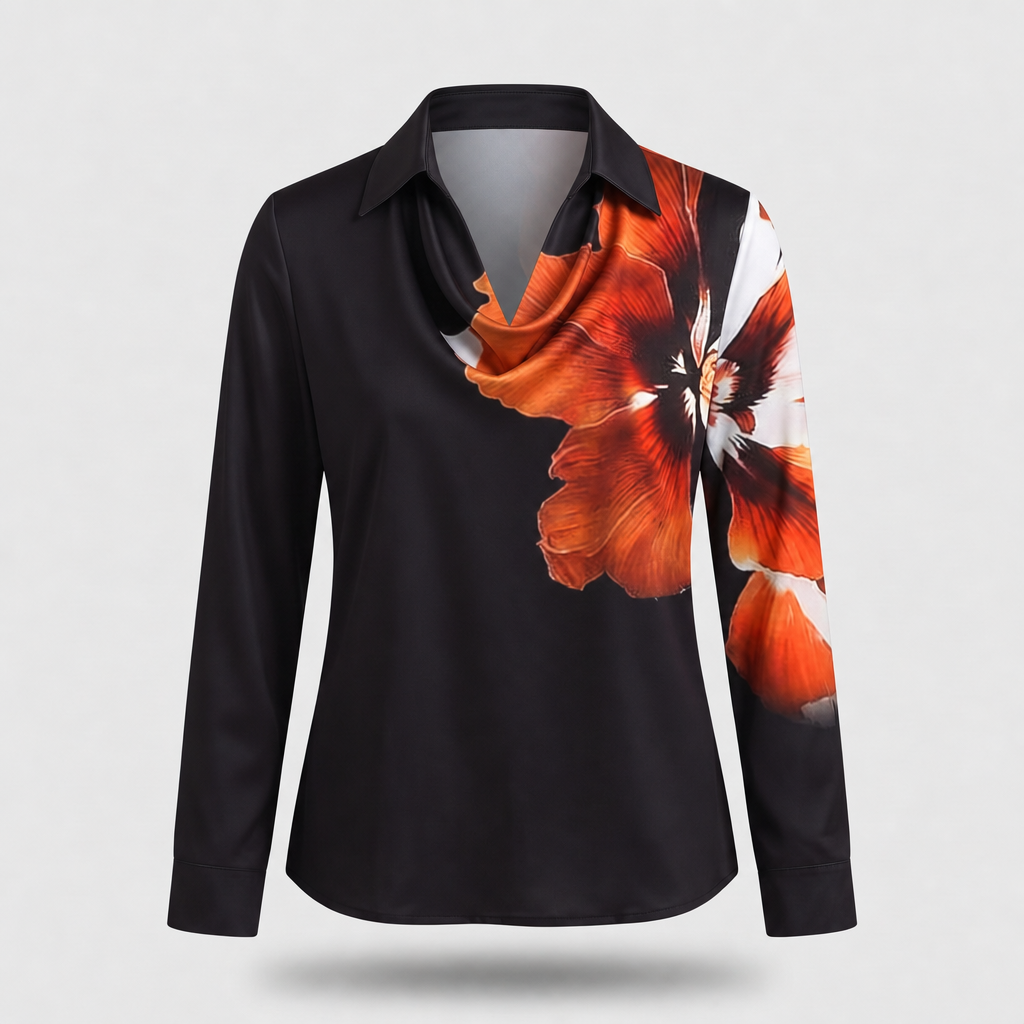 Women's Floral Satin-Effect Blouse with Cowl Neck - Black