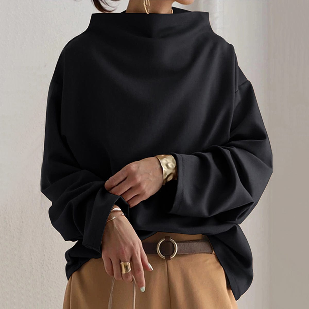 Women's Oversized Funnel Neck Sweatshirt - Black
