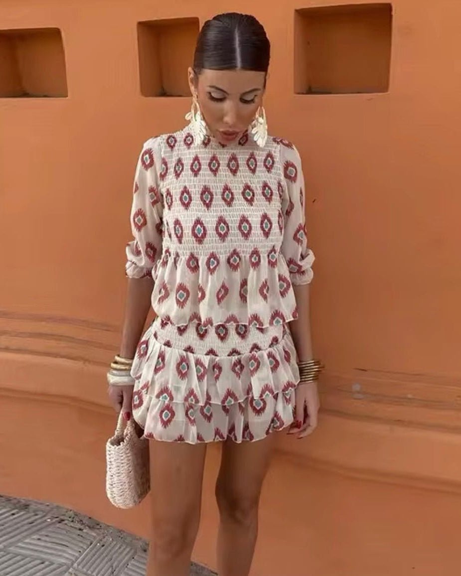 Honor - Women's Geometric Print Top and Tiered Mini Skirt Set