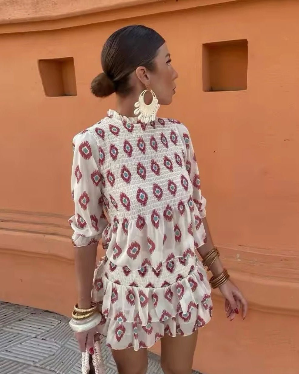Honor - Women's Geometric Print Top and Tiered Mini Skirt Set