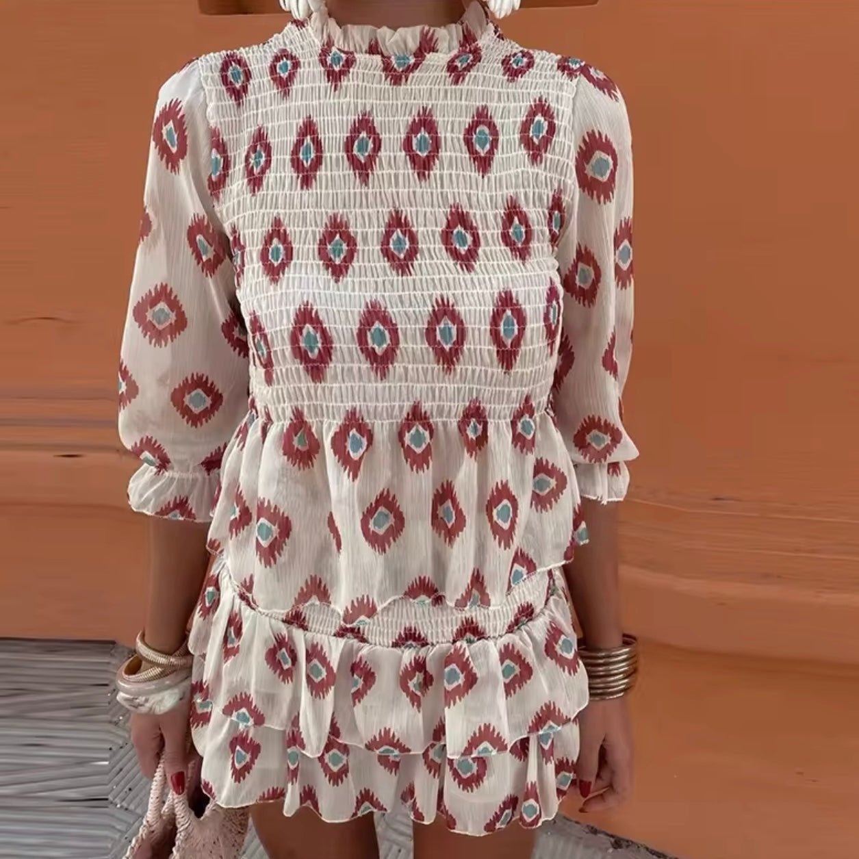 Honor - Women's Geometric Print Top and Tiered Mini Skirt Set