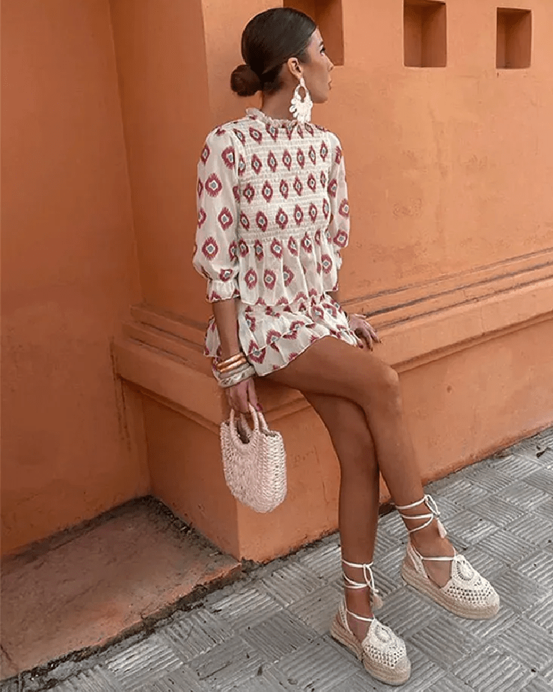 Honor - Women's Geometric Print Top and Tiered Mini Skirt Set