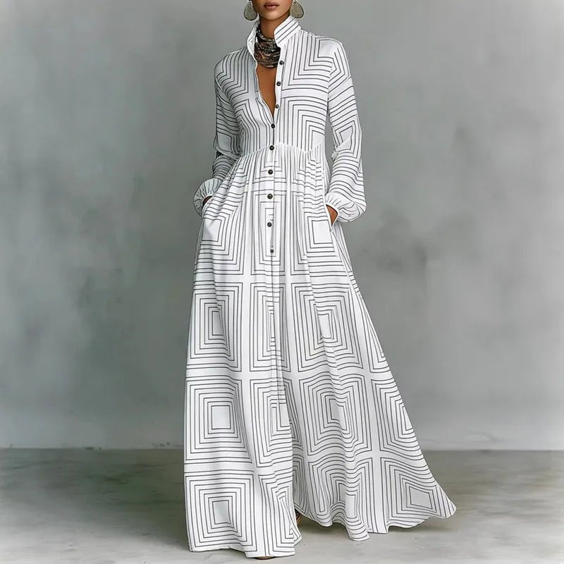 Women's Printed Boho Maxi Shirt Dress with Stand Collar and Button Front - photo 2
