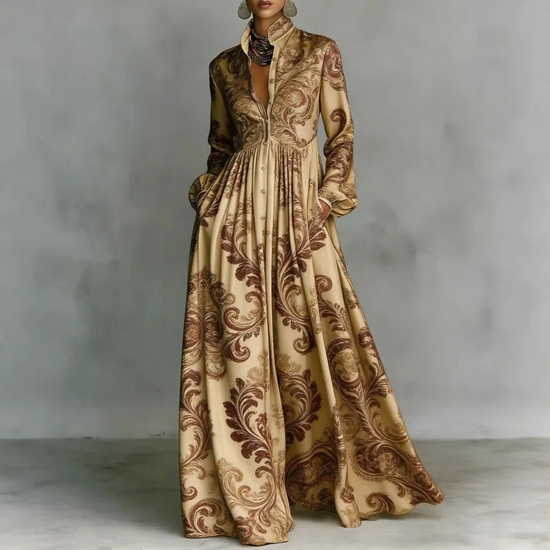 Women's Printed Boho Maxi Shirt Dress with Stand Collar and Button Front - photo 1