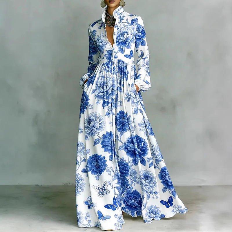 Vestito camicia maxi boho da donna con stampa, colletto alla coreana e bottoni frontali