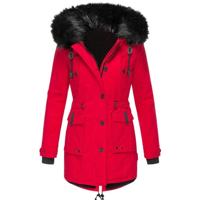 Women's Hooded Faux Fur Parka - Red