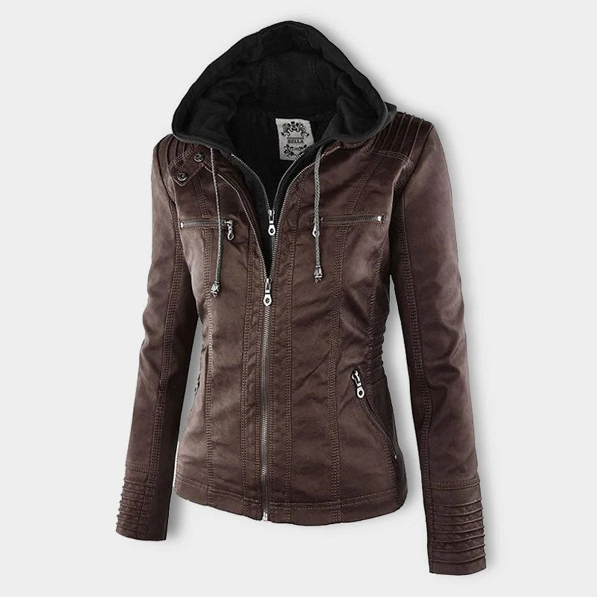 Charlotte - Women's Faux Leather Moto Coat with Removable Hood