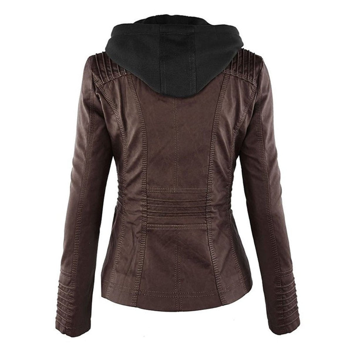 Charlotte - Women's Faux Leather Moto Coat with Removable Hood