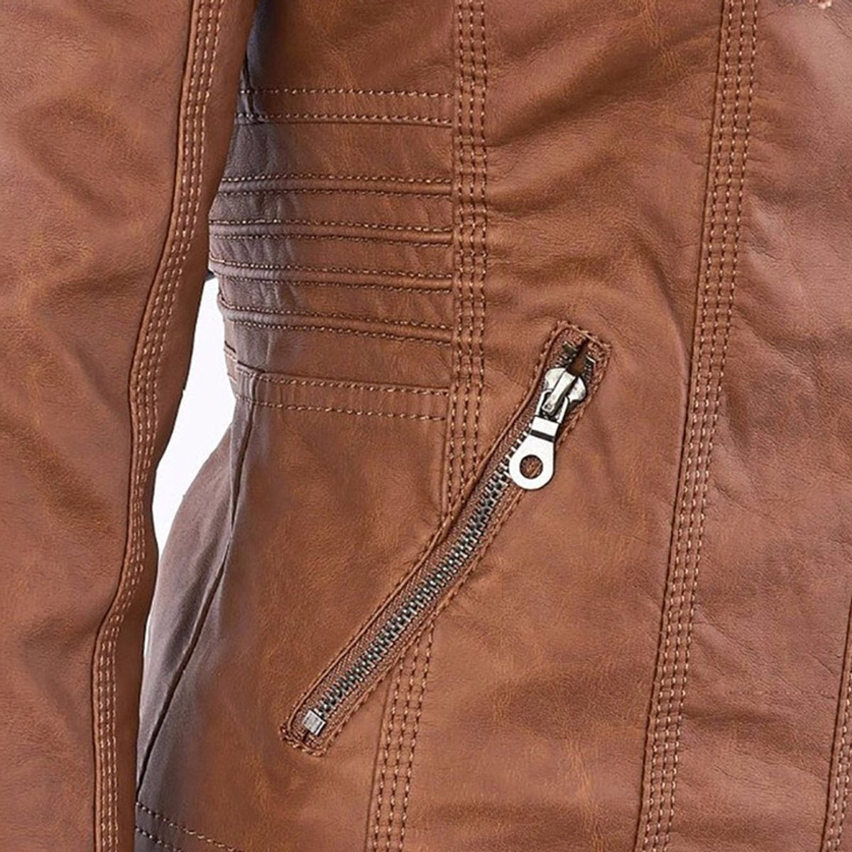 Charlotte - Women's Faux Leather Moto Coat with Removable Hood
