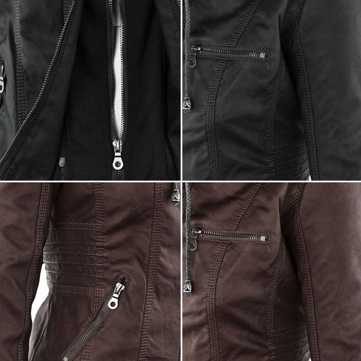 Charlotte - Women's Faux Leather Moto Coat with Removable Hood