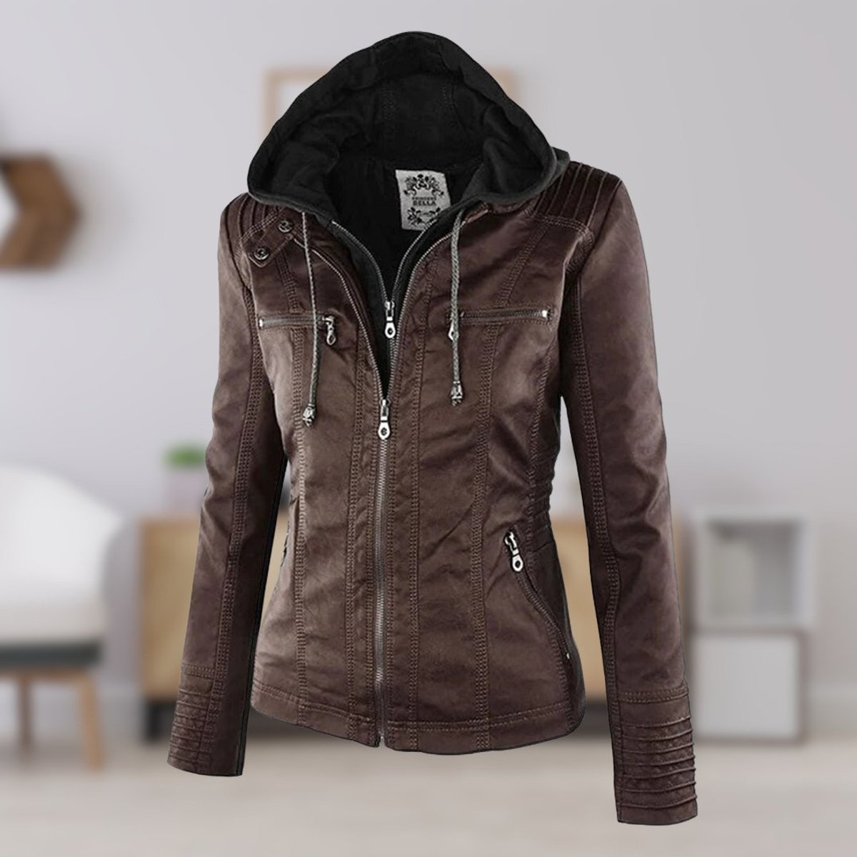 Charlotte - Women's Faux Leather Moto Coat with Removable Hood
