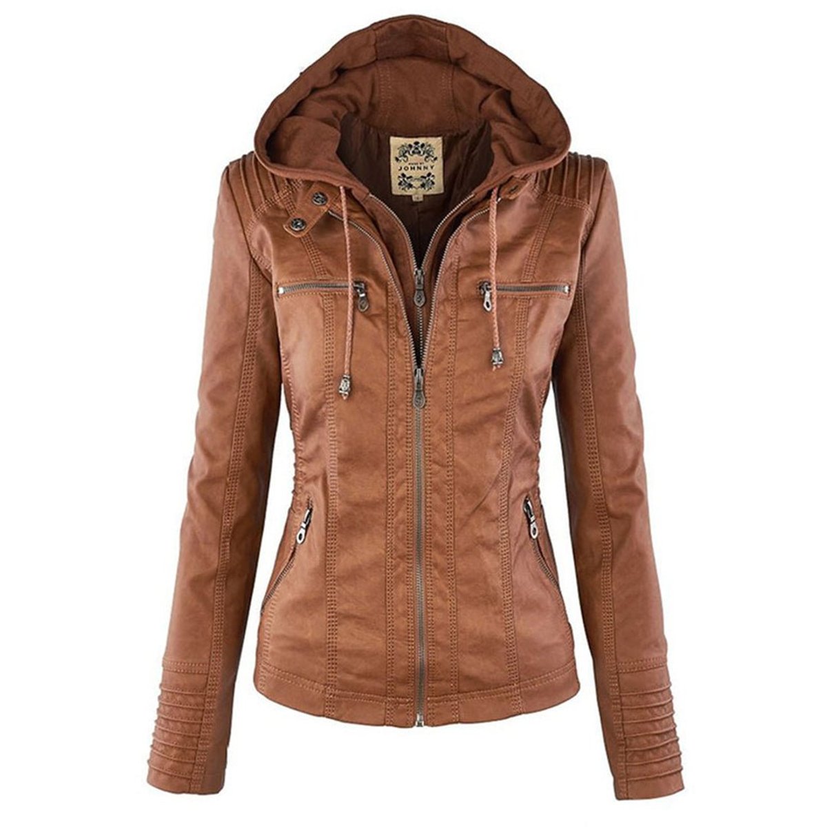 Charlotte - Women's Faux Leather Moto Coat with Removable Hood