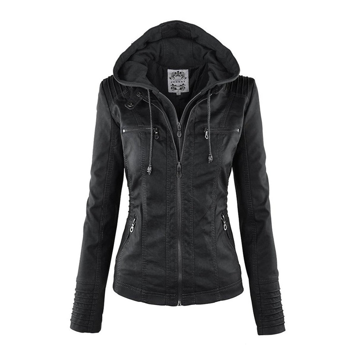 Charlotte - Women's Faux Leather Moto Coat with Removable Hood
