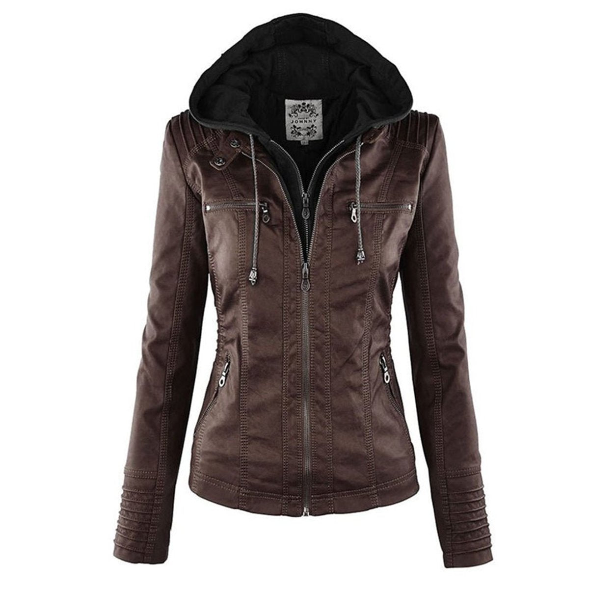 Charlotte - Women's Faux Leather Moto Coat with Removable Hood