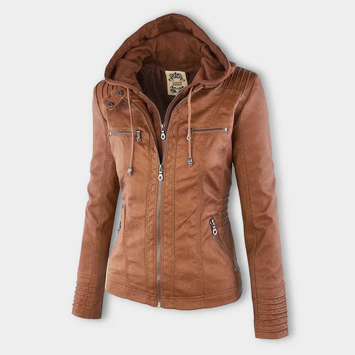 Charlotte - Women's Faux Leather Moto Coat with Removable Hood