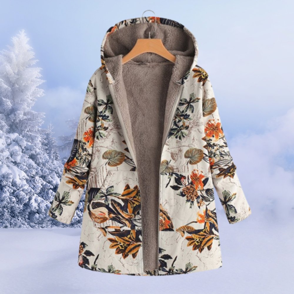 Anne - Cappotto invernale con cappuccio da donna in sherpa floreale