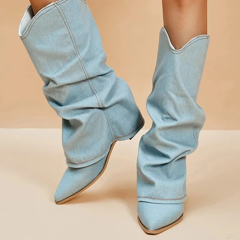 Brittany – Cizme din denim pentru femei, până la genunchi, cu carâmb lejer rug