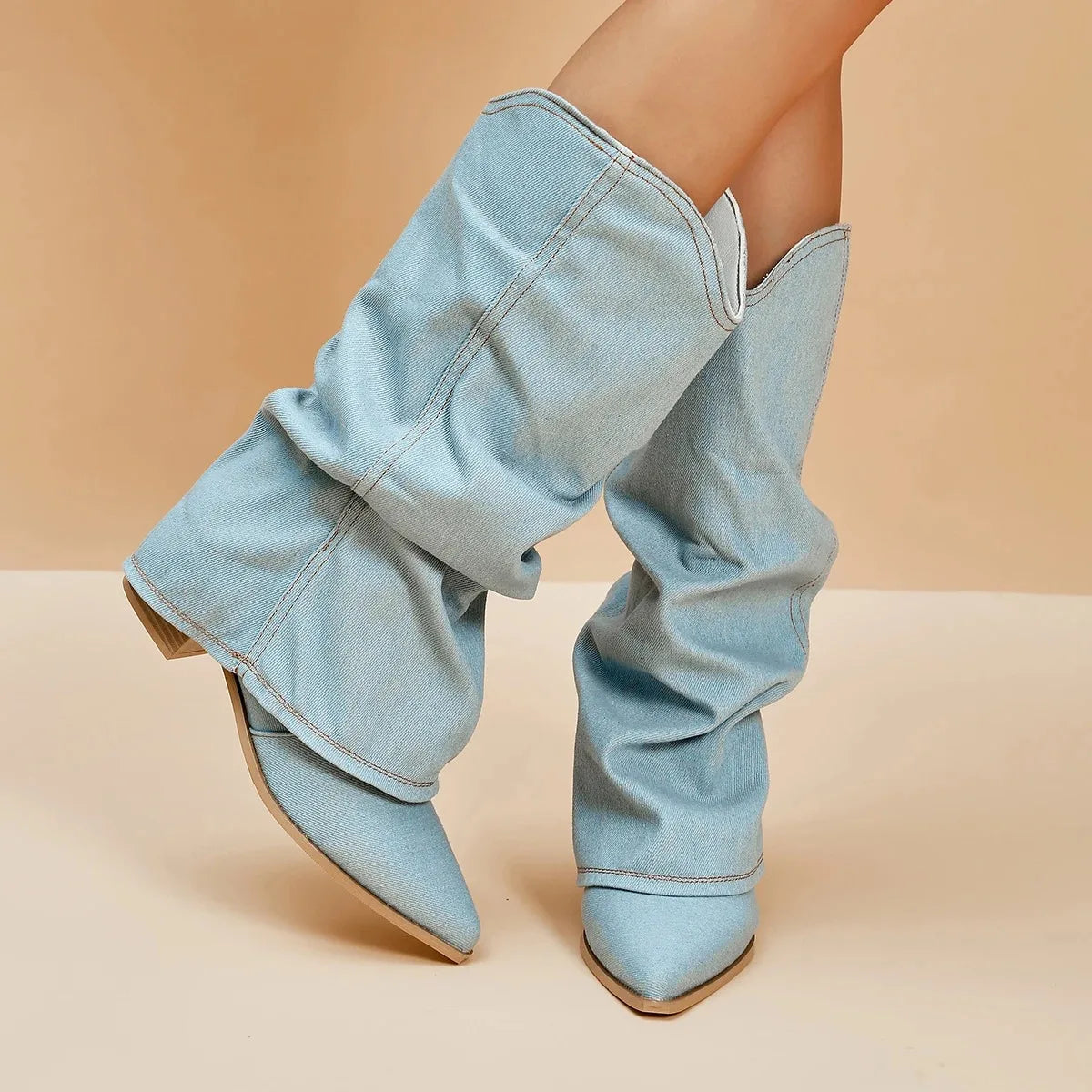 Brittany – Cizme din denim pentru femei, până la genunchi, cu carâmb lejer rug