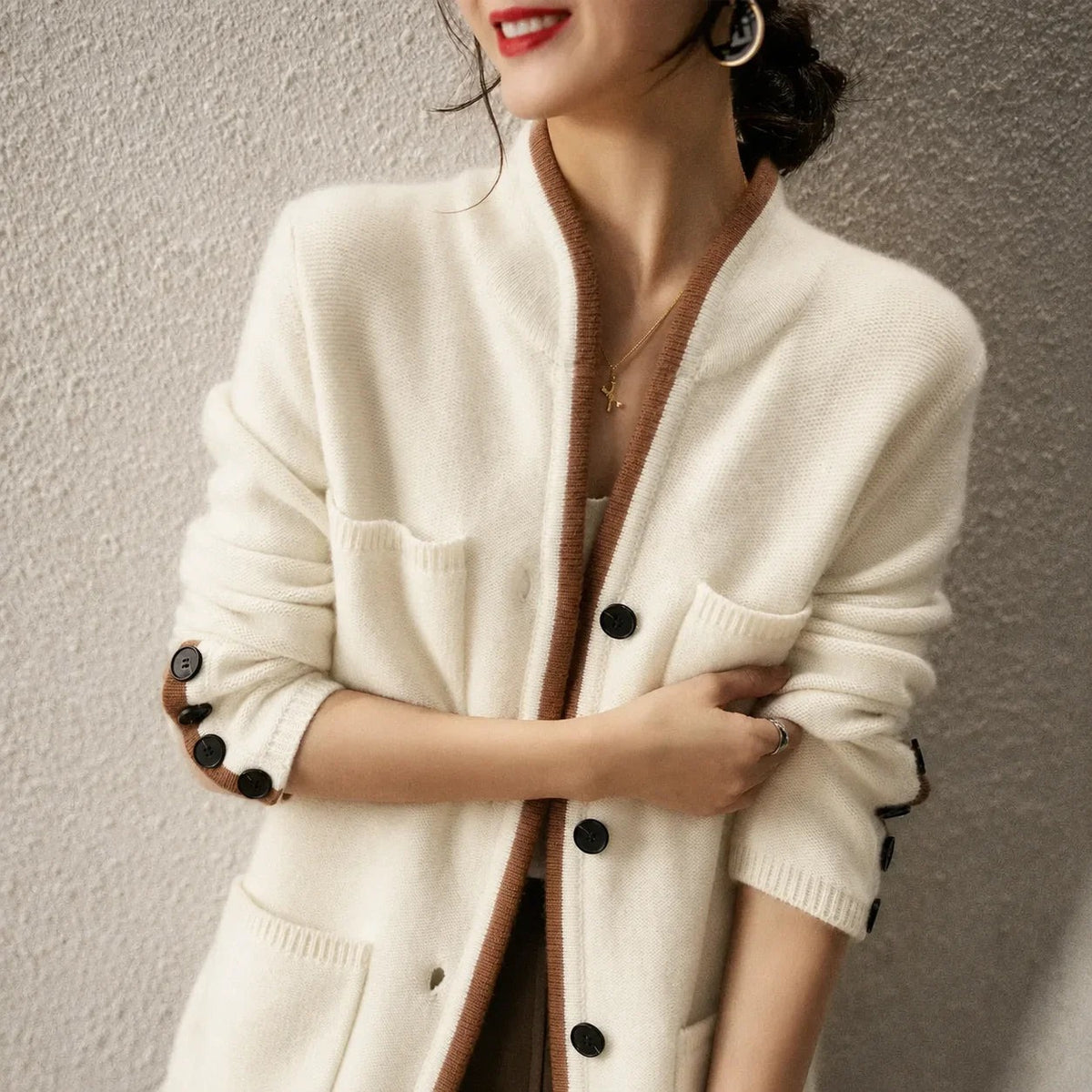 Elvira - Women's Button-Front Cardigan with Contrast Trim