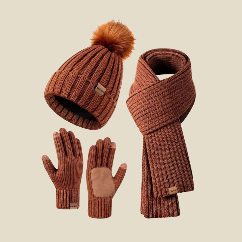 Women's Knit Pom-Pom Beanie Scarf and Gloves Set - Brown