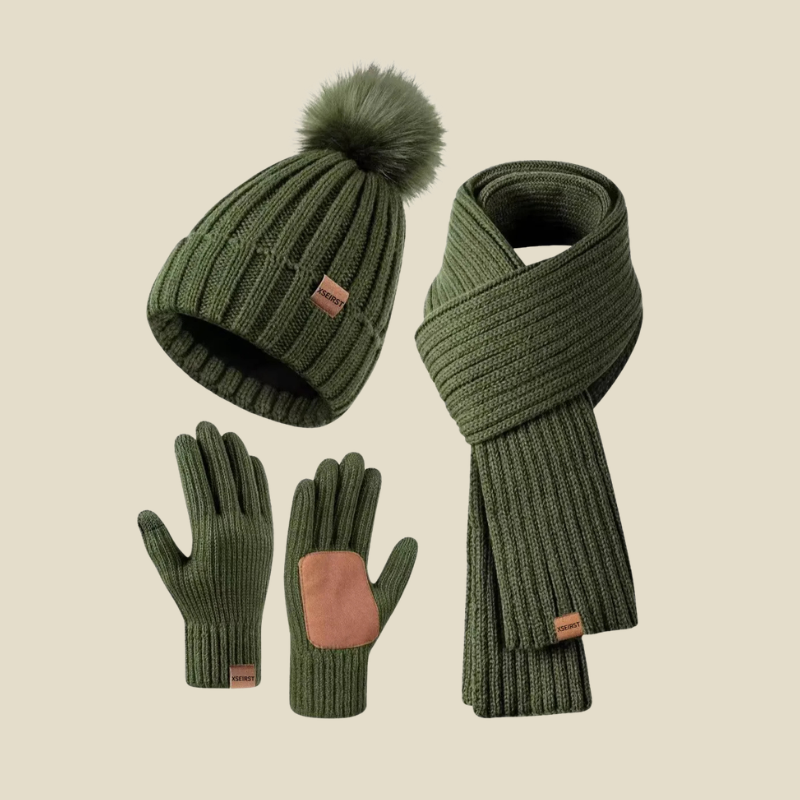 Women's Knit Pom-Pom Beanie Scarf and Gloves Set - Army Green
