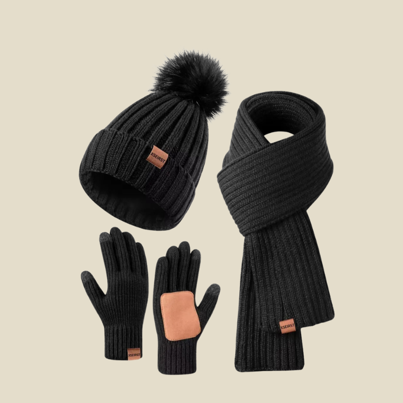 Women's Knit Pom-Pom Beanie Scarf and Gloves Set - Black