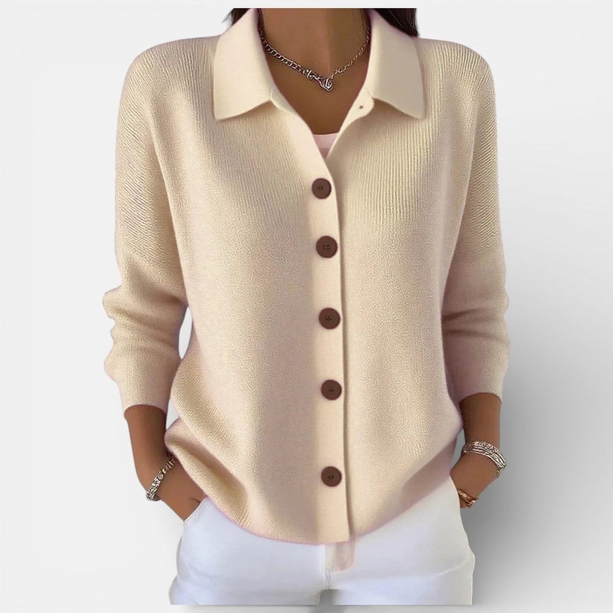 Women's Knitted Polo Blouse with Button Placket - Apricot